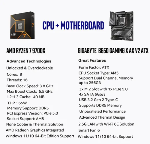 Vista 2 de MICRO CENTER Procesador AMD 9700X con placa base GIGABYTE B650 Gaming X V2 AMD Ryzen 7 9700X+ Gigabyte B650 GAMING X AX V2