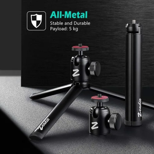 Vista 7 de Zeadio Mini trípode de metal + soporte de cabeza de bola, con soporte de mesa de escritorio de tornillo de 1/4 pulgadas, se adapta a Smooth4, Crane