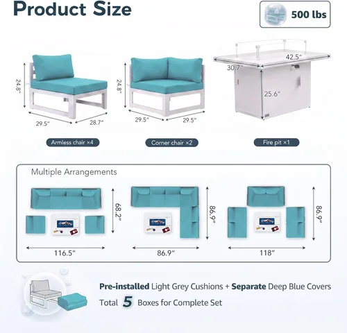 Vista 3 de BULEXYARD Juego de 7 piezas de muebles grandes de aluminio para patio al aire libre con mesa rectangular con fogón, asiento profundo de 29