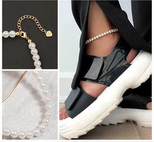 Vista 6 de Aobei Pearl Tobilleras de perlas hechas a mano para mujer, pulsera de tobillo ajustable con cuentas blancas para regalo de boda
