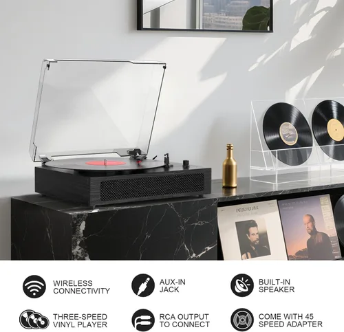 Vista 6 de Tocadiscos de vinilo Bluetooth con altavoces estéreo incorporados, transmisión por correa, tocadiscos de 3 velocidades para discos de vinilo