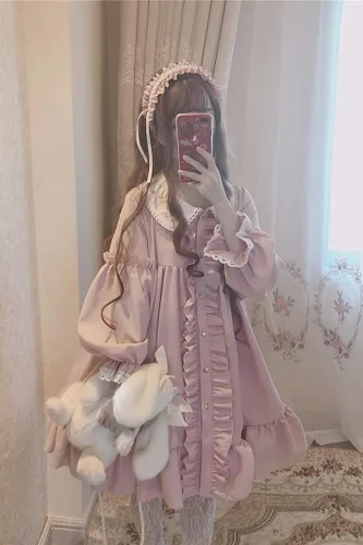 Vista 3 de Topin Lolita Vestido de princesa Kawaii de manga larga de gasa dulce con bolsa de conejo