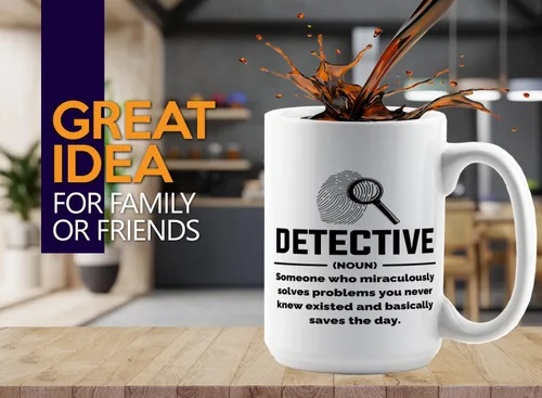 Vista 2 de Taza de café detective de 15 onzas, color blanco, Detective Def, oficial de policía, policía, patrulla, detective, policía, policía, policía