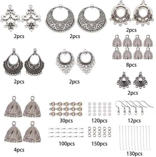Vista 2 de SUNNYCLUE 1 caja de bricolaje 6 pares de aretes colgantes étnicos indios vintage, kit de fabricación de aretes colgantes Jhumka Jhumki Bollywood