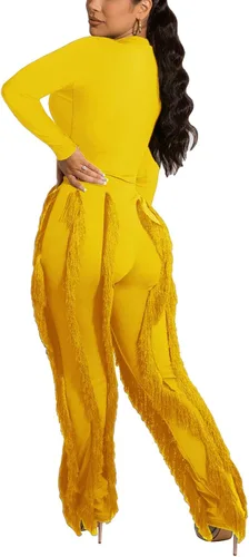 Vista 2 de Sriswel Conjunto de 2 piezas para mujer, sudadera de manga larga, pantalones con borlas y flecos, conjunto de sudadera para discoteca