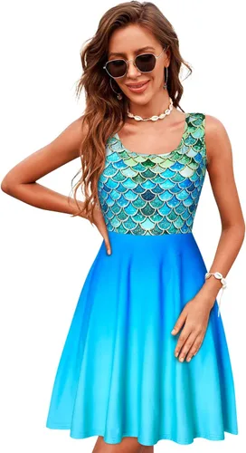 Vista 26 de uideazone - Vestido de mujer sin mangas cuello redondo de verano, para playa, casual, Midi línea A.
