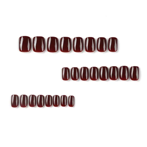 Vista 2 de Uñas postizas extra cortas, cuadradas, color rojo vino, uñas acrílicas pequeñas de color sólido, uñas postizas cortas de otoño con diseños, uñas