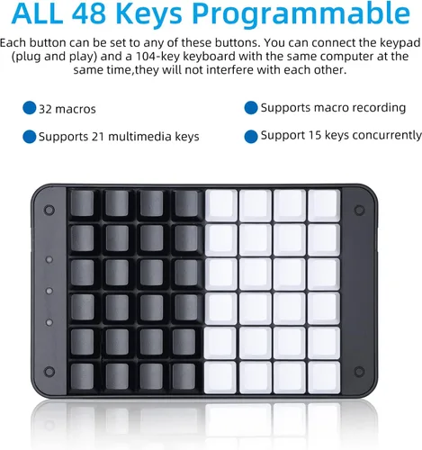 Vista 2 de Teclado mecánico Koolertron de una mano para jugadores, teclado mini USB de 48 teclas totalmente programable con interruptor rojo