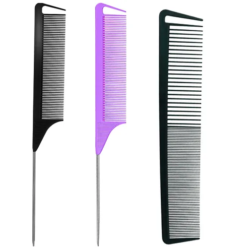 Vista 8 de Peine de cola de rata, 3 piezas de peines de separación para trenzas, peluquería, peinetas de fibra de carbono, peine de acero inoxidable
