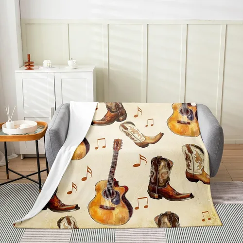 Vista 2 de Castle Fairy Manta de forro polar con botas de vaquero, manta de guitarra musical bohemia para niños y niños, manta de vaquera rústica occidental