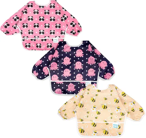 Vista 13 de Juego de baberos de manga larga de 3 piezas, baberos impermeables para bebés con bolsillo, babero para niños pequeños con mangas, bata resistente a