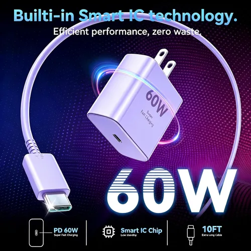 Vista 3 de 60W cargador rápido USB tipo C cable de carga rápida del cargador del azul+violeta