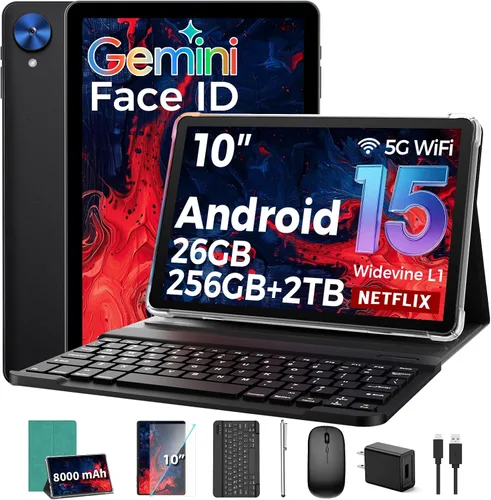 Vista 11 de Tableta con teclado, tableta Android 15 2026 con 26GB+256GB+2TB Expand, Tablet PC de 10 pulgadas con 8 núcleos, Gemini AI, WiFi 5G, 8000mAh, BT5.0