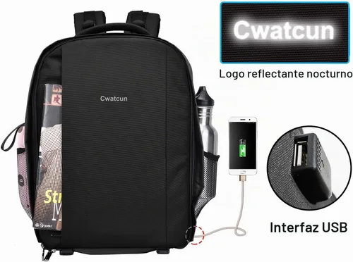 Vista 5 de Cwatcun Mochila profesional para cámara réflex digital con puerto de carga USB, cubierta para lluvia, mochila para computadora portátil de Negro