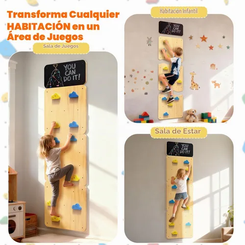 Vista 7 de Pared de escalada de madera para niños, paneles de pared de escalada interior con 12 soportes de roca, juguete de escalada Montessori para sala