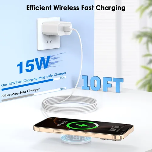 Vista 2 de Cargador inalámbrico magnético de 10 pies Apple Fast Mag-Safe, con 15 W USB C de carga rápida PD bloque para iPhone 16/16 Plus/16 Pro/Pro Max/iPhone