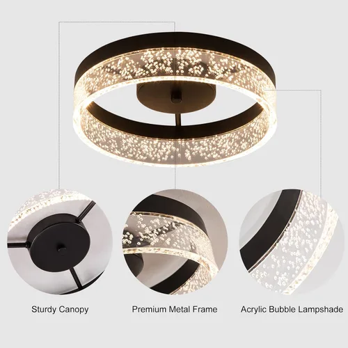 Vista 6 de Qcyuui 20W Black Flush Mount LED Ceiling Light for Kitchen with Granular Clear Acrylic Lampshade, Round Ceiling Lamp for Hallway Dining Room