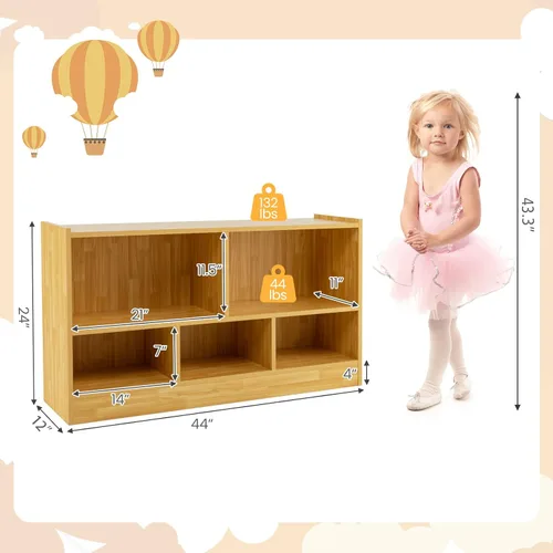 Vista 3 de MEDIMALL Organizador de almacenamiento de juguetes para niños de 5 cubos, estante de almacenamiento de madera de 2 niveles para libros y juguetes