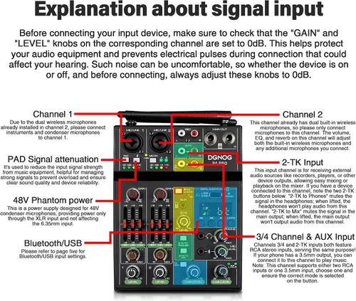 Vista 9 de Mezclador de audio profesional, consola de mezcla de 4 canales con micrófono inalámbrico dual, consola de placa de sonido MP3, Bluetooth, interfaz