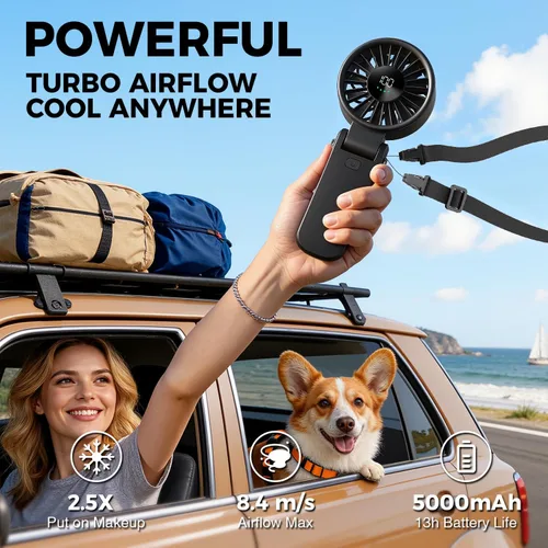 Vista 8 de Ventilador portátil de mano para viajes y playa, 5000mAh, como banco de energía Turbo Wind de 6 velocidades 100 niveles de flujo de aire Pantalla