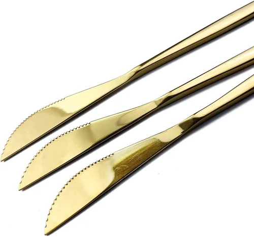Vista 8 de Cubertería dorada pulida con espejo, diseño ligero, 36 piezas, acero inoxidable, juego de cubiertos para 6, incluye tenedores, cucharas, cuchillos