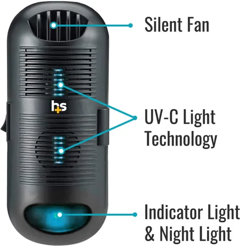 Vista 2 de HealthSmart Purificador de aire y desinfectante de aire con luz ultravioleta UVC que limpia hasta 300 pies cuadrados enchufable, negro, 1 unidad