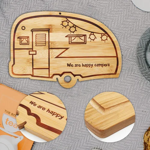 Vista 4 de Tabla grande de corte de bambú Happy Camper, cubierta de estufa de madera para RV, tabla de cortar carne para barbacoa, tabla de cortar para pavo