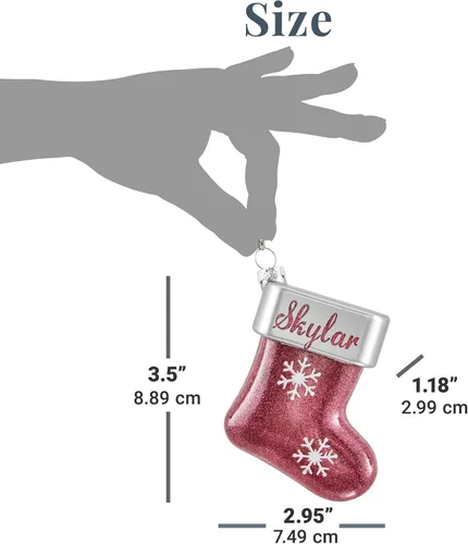 Vista 4 de Let's Make Memories Adorno de Navidad personalizado, cristal con forma de calcetín con purpurina, nombre grabado con láser, tono de joya, adorno