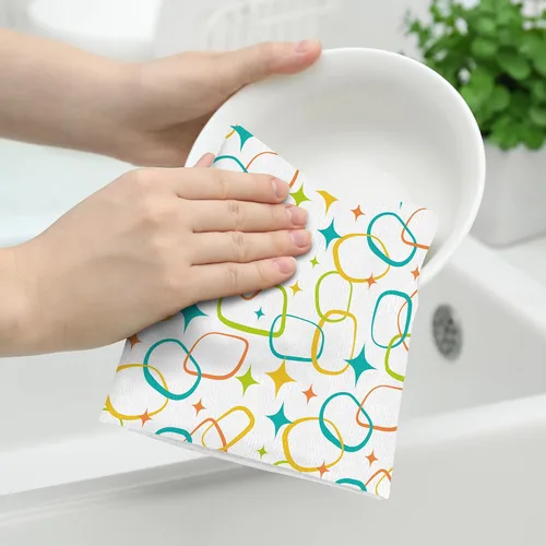 Vista 4 de Juego de 2 toallas de cocina modernas de mediados de siglo, toallas de mano absorbentes, paños de cocina retro para cocinar, hornear, baño, granja