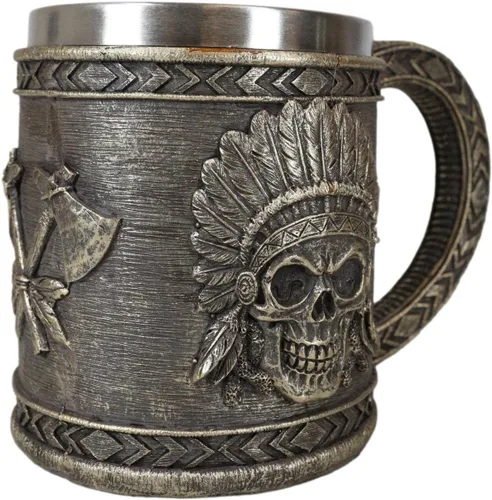 Vista 4 de Ebros Gift Nativo americano indio tribal jefe guerrero cráneo con águila cucaracha tocado y doble hacha cruzada taza de café taza de bebida jarra