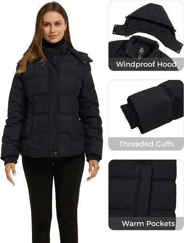 Vista 6 de Wantdo Abrigo de invierno cálido con capucha para mujer, chaqueta acolchada gruesa con capucha extraíble