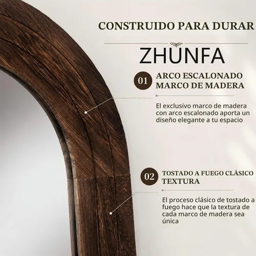 Vista 3 de ZHUNFA Espejo arqueado de cuerpo entero con marco de madera maciza, 65x22 Marco rústico marrón interno de tres capas