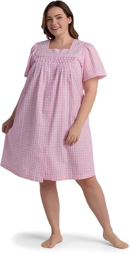 Vista 3 de Miss Elaine Bata corta de sirsaca para mujer, cierre frontal y mangas cortas, dos bolsillos delanteros, ropa de dormir y ropa de descanso