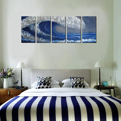 Vista 3 de Arte de pared de metal oceánico, arte abstracto de metal hecho a mano, arte de pared azul y plateado a gran escala, pintura de aluminio 3D única