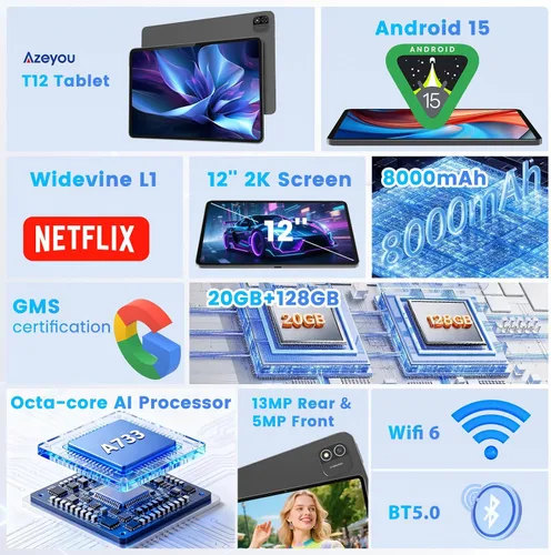 Vista 9 de Tableta, Android 15 Tableta, 20GB RAM 128GB ROM 2TB Expansión, A733 8-Core Procesador, Pantalla táctil grande de 12 pulgadas Pantalla 2K, Cámara