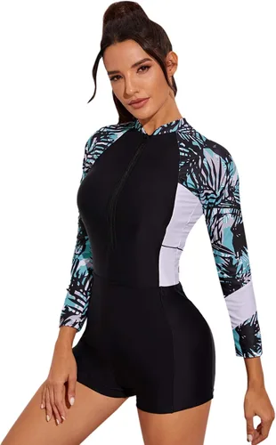 Vista 4 de MakeMeChic Traje de baño de una pieza con estampado tropical y cremallera frontal para mujer