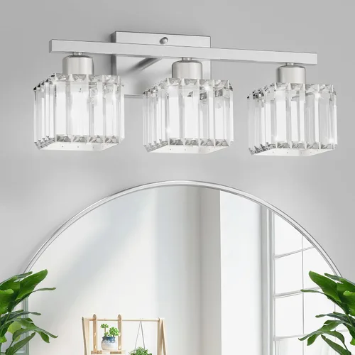 Vista 8 de comzler Lámparas de baño de 3 luces sobre espejo, lámpara de pared de cristal de níquel cepillado con base E26 para espejo, cocina, sala de estar
