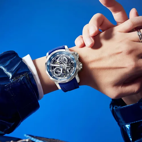 Vista 6 de FEICE FM511 Men's Automatic Skeleton Watch, Luxury Sapphire Crystal Glass Blue Dial Luminous Hands, 5ATM Waterproof Sport Wristwatch with Silicone