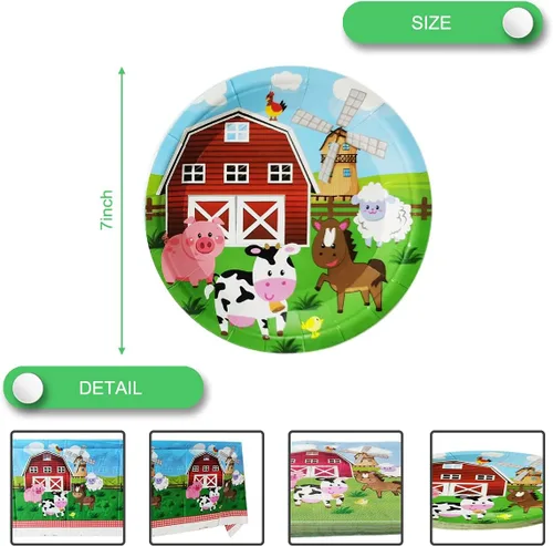 Vista 5 de Juego de vajilla de fiesta de animales de granja, 20 platos y 20 servilletas y mantel de 71 x 42 pulgadas, suministros de decoración para fiestas