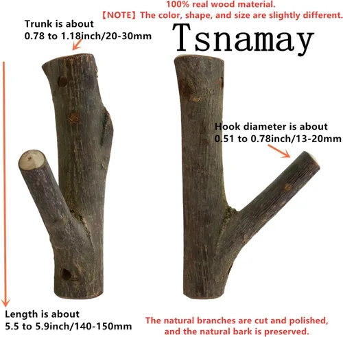 Vista 2 de 4 ganchos de pared de madera real con ramas de árbol de granja, rústico decorativo de madera con tronco de corteza de grosor de 0.8 in a 1.2 in