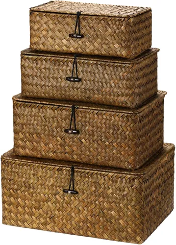 Vista 8 de Woanger Juego de 4 cestas de mimbre con tapas, cestas de almacenamiento de hierba marina nátral, cestas rectangulares tejidas, organizador de Café