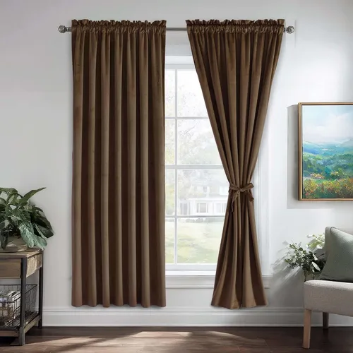 Vista 60 de JIUZHEN Cortinas de terciopelo beige de 63 pulgadas de ancho x 63 pulgadas de largo, cortinas de terciopelo retro suaves con bolsillo para barra