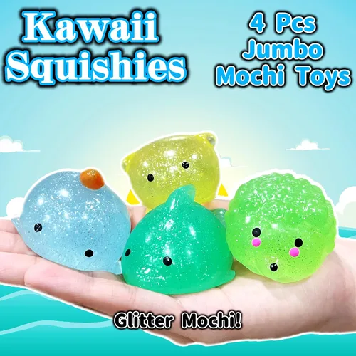 Vista 3 de 4 piezas de juguetes blandos Jumbo Glitter Mochi para niños, juguetes Kawaii, juguetes sensoriales de animales marinos para premios de clase