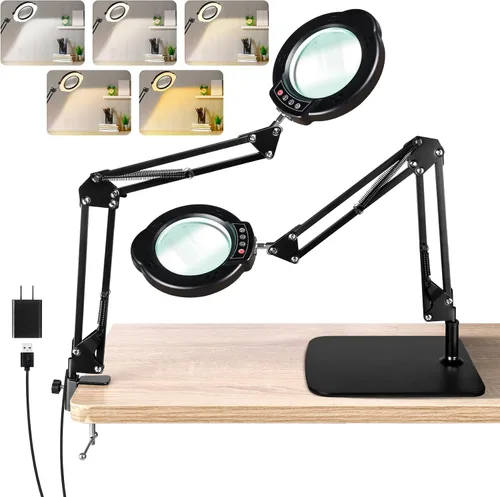 Vista 9 de Lupa grande de 10 veces con luz y soporte, lámpara de escritorio LED con abrazadera, 5 modos de color, 10 niveles regulables, manos libres para Negro