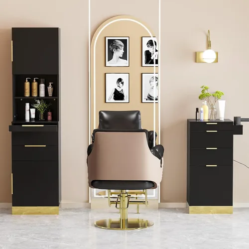 Vista 7 de OmySalon Estación de peluquería, estación de peluquería para estilista, gabinete de almacenamiento de belleza con acabado de acero inoxidable, Negro