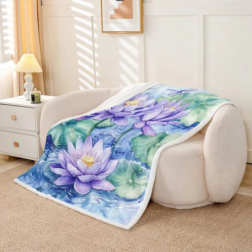 Vista 5 de Manfei Manta de flores de loto morado, manta de cama bohemia con libélula para niños, niñas, adultos, manta floral de acuarela para sofá, manta