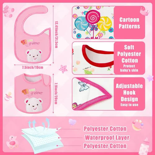 Vista 2 de Baberos impermeables de algodón para bebé, 24 unidades, ajustable, con cierre de , para alimentar, dentición, babeo, 6-12 meses Rosa