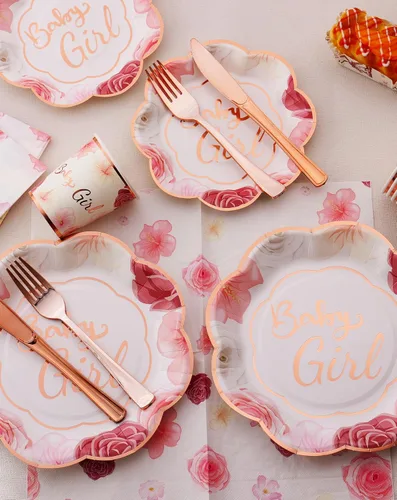 Vista 4 de Decoraciones para Baby Shower Girl - Juego de platos, tazas y servilletas para baby shower, sirven 24, platos festoneados florales rosas