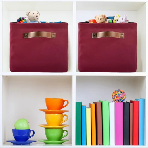 Vista 6 de Cesta de almacenamiento plegable de color rojo burdeos para estantes, plegable, impermeable, resistente, de tela, con asas, cubo de almacenamiento