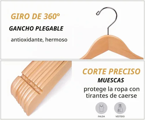 Vista 3 de Amber Home Paquete de 10 perchas de madera para camisas y vestidos, acabado natural liso